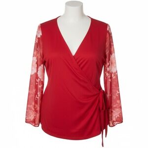 INC Plus Size 3X Red Wrap louse Sheet Floral Sleeve Stretch Top NEW Romantic
